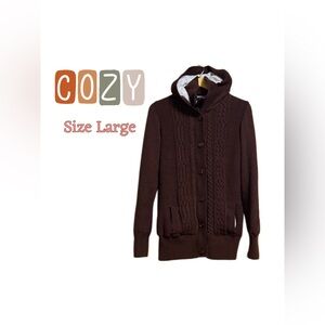 Amazon Essentials Women’s Lrg Brown Cable Knit Hooded Sweater,Fully Lined & Cozy